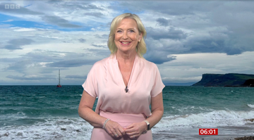 bbc breakfast weather presenter carol kirkwood in a pale pink shirt