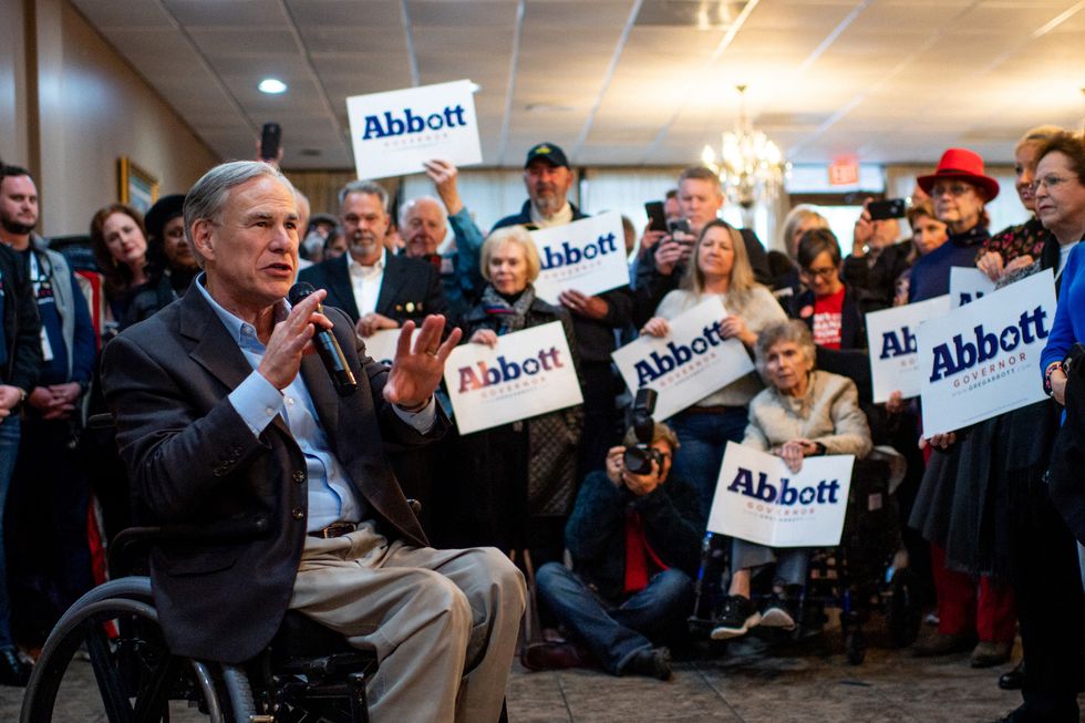 houston, texas   february 23 texas gov greg abbott speaks during the 'get out the vote' campaign event on february 23, 2022 in houston, texas gov greg abbott joined staff at fratelli's ristorante to encourage supporters ahead of this year's early voting  photo by brandon bellgetty images