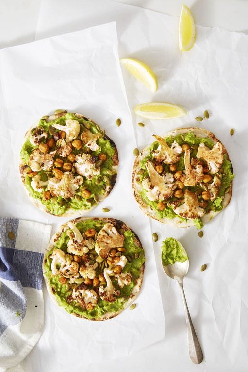 vegan super bowl recipes  bbq chickpea and cauliflower flatbreads