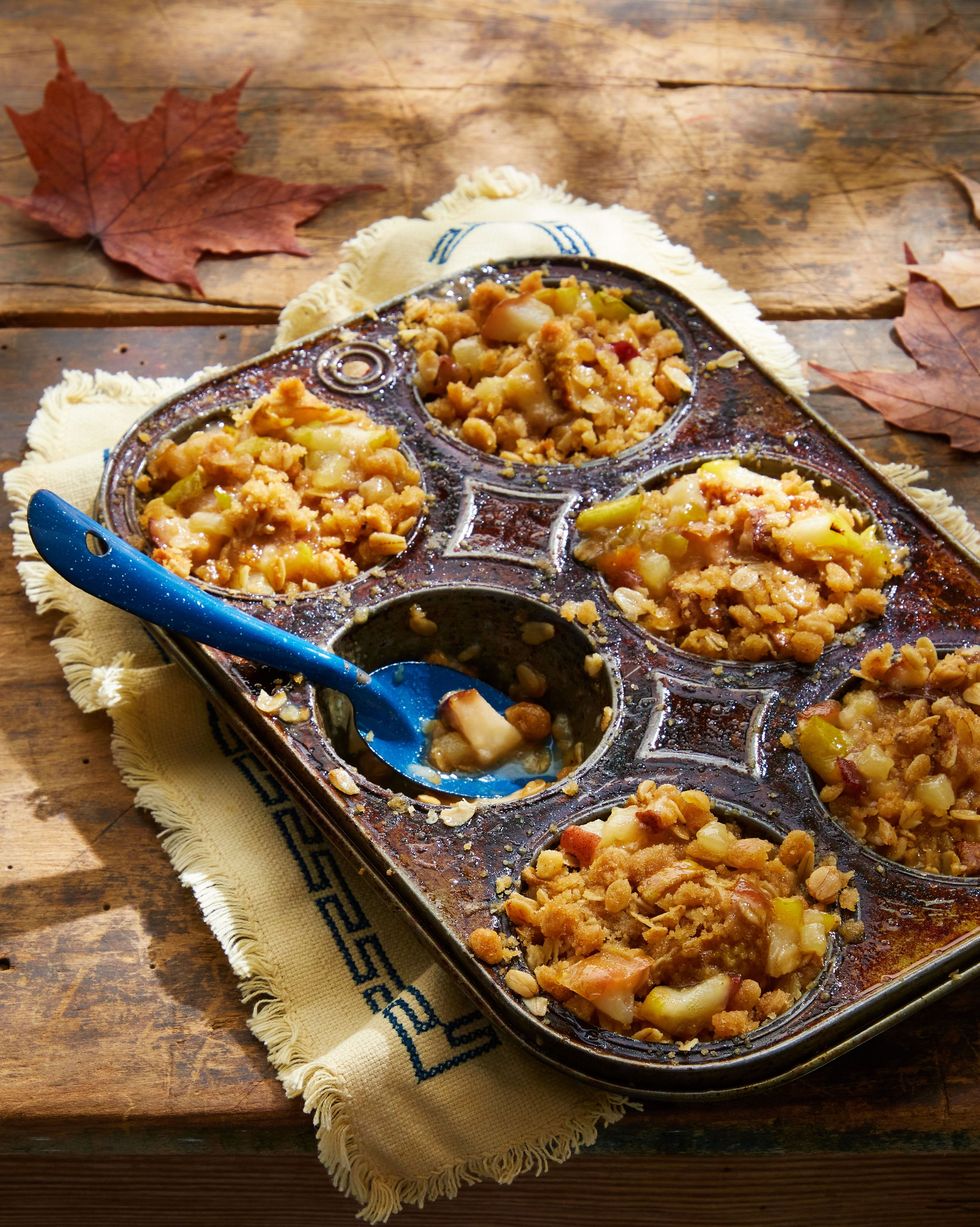 campfire pear crumbles made in a 6 cup muffin tin