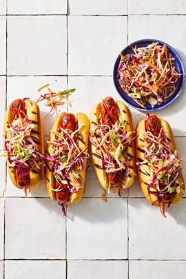 bbq glazed hot dogs with spicy slaw