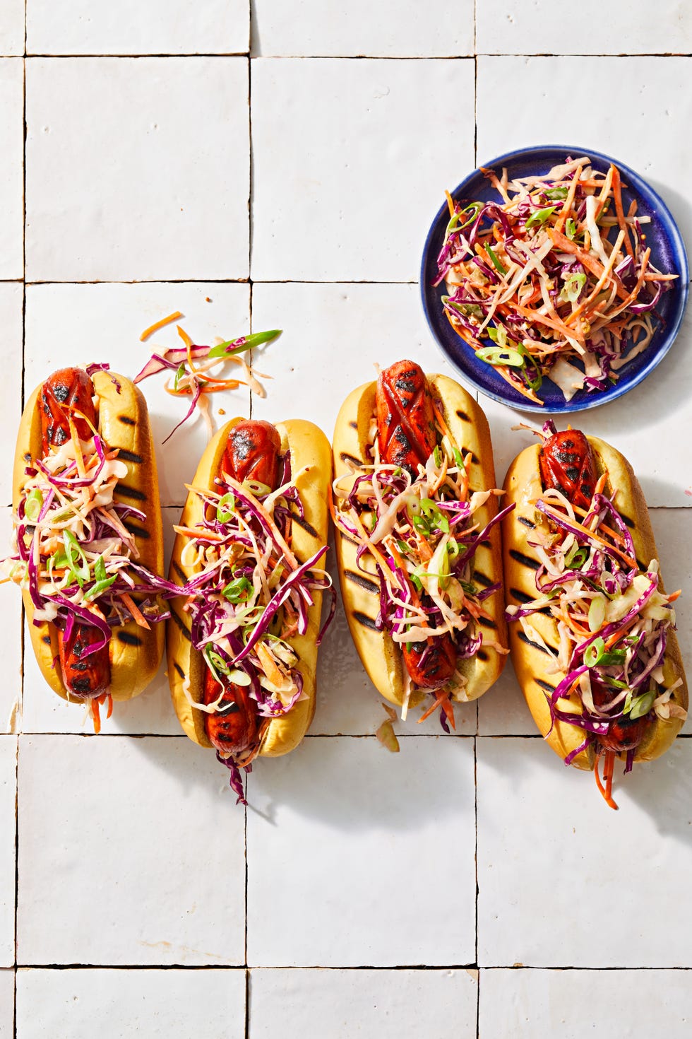 bbq glazed hot dogs with spicy slaw