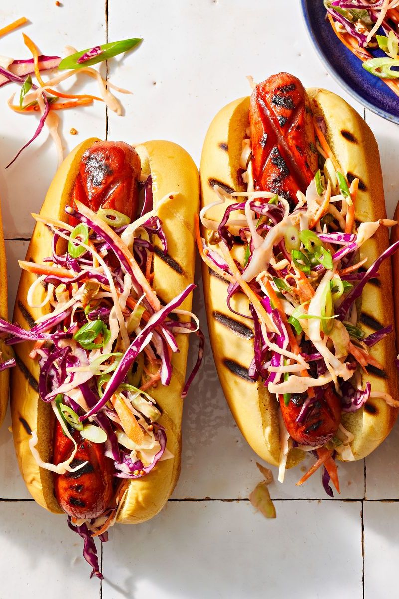 bbq glazed hot dogs with spicy slaw