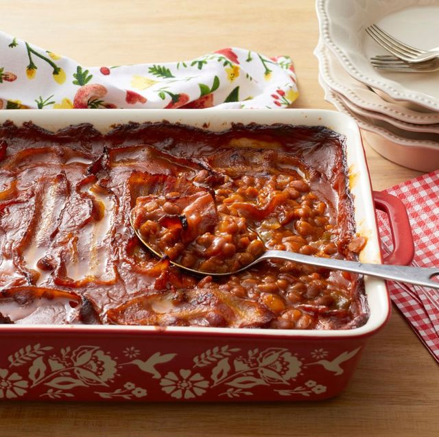 best ever baked beans with bacon and spoon