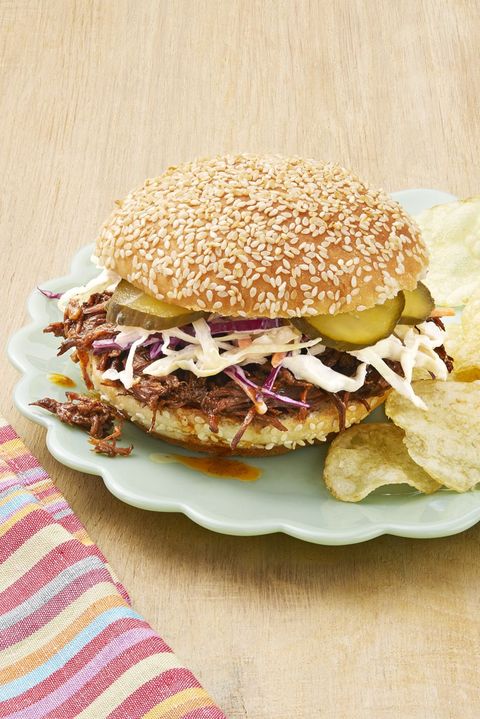instant pot bbq beef sandwiches on plate with chips