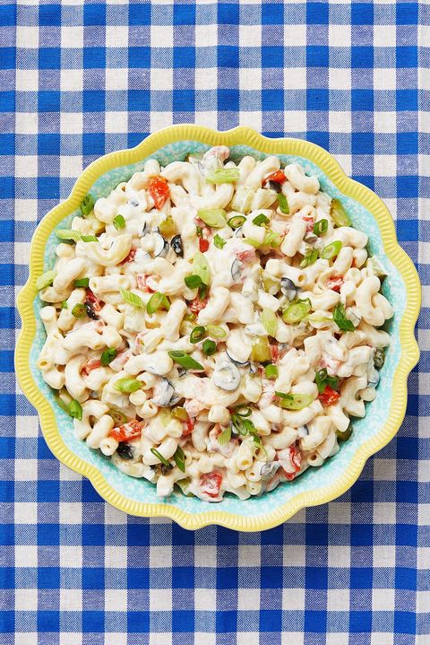 macaroni salad on blue checkered background