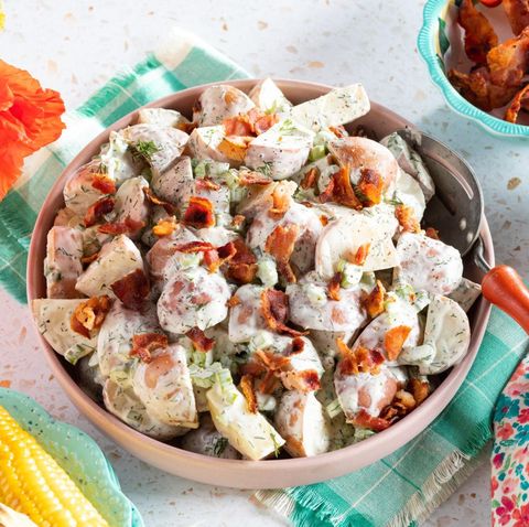 red potato salad with bacon crumbles on top