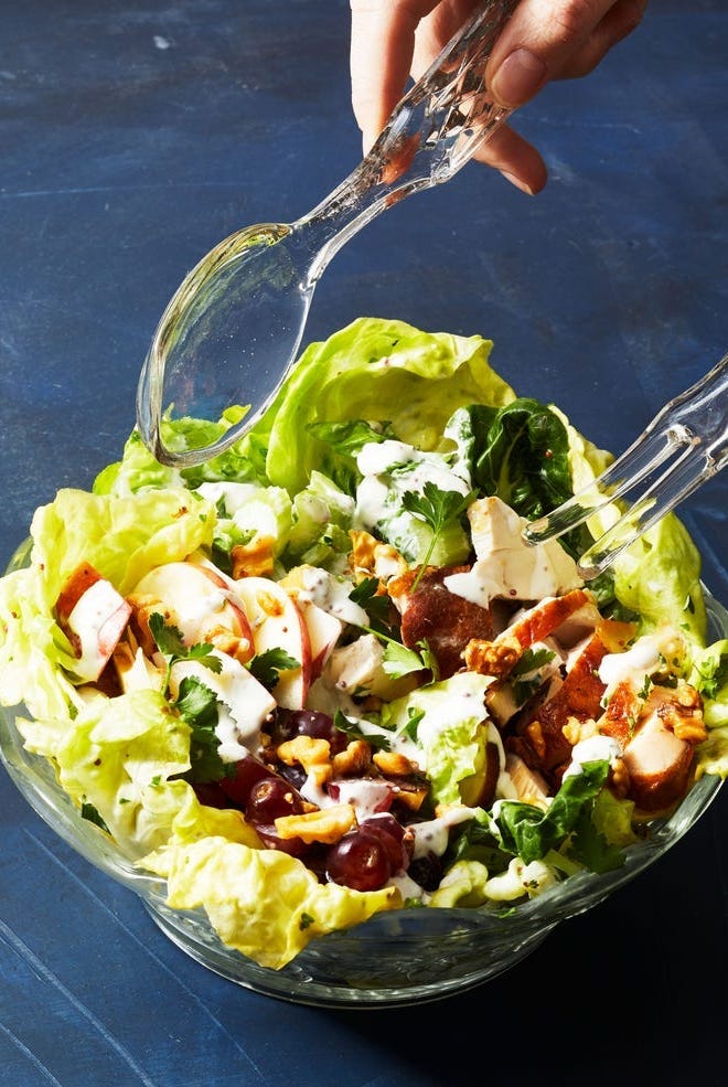 waldorf chicken salad in a glass bowl