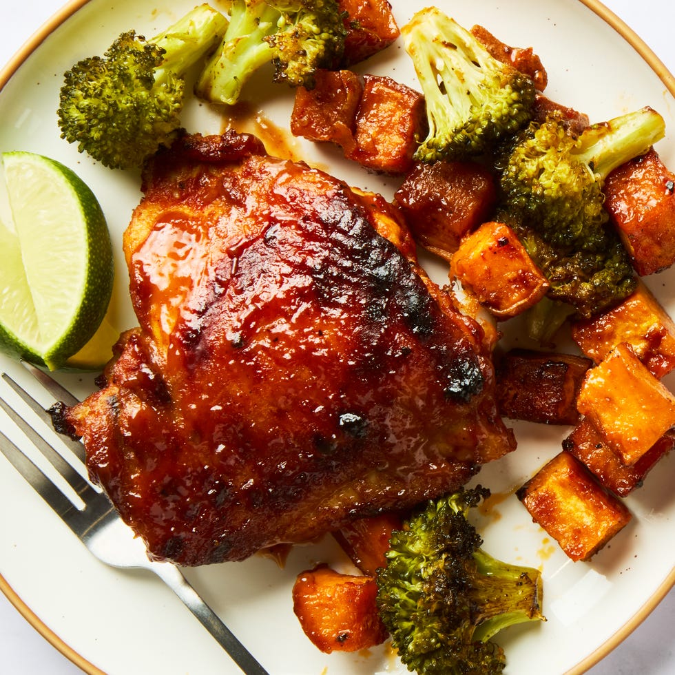 bbq sheet pan chicken with sweet potatoes and broccoli