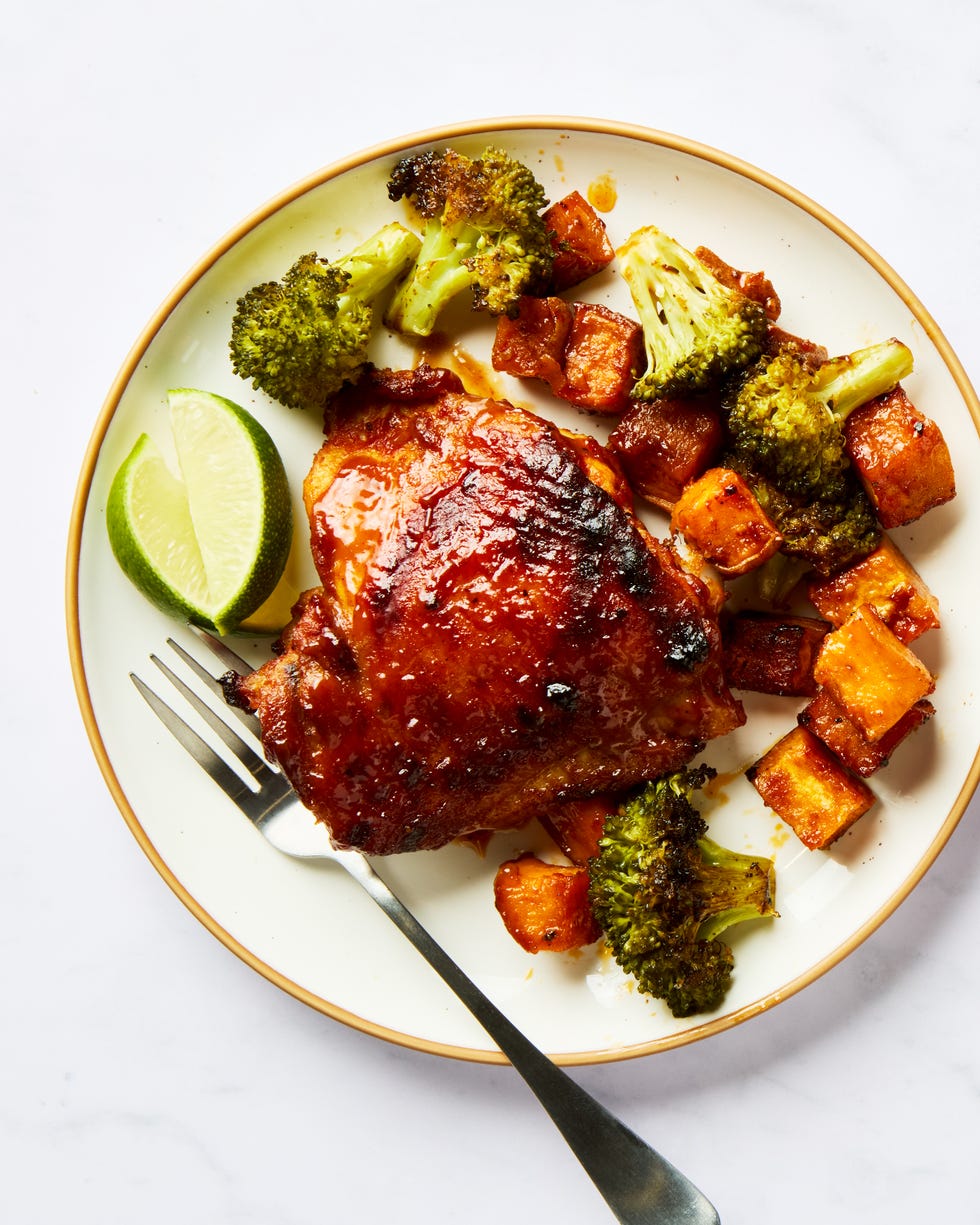 bbq sheet pan chicken with sweet potatoes and broccoli