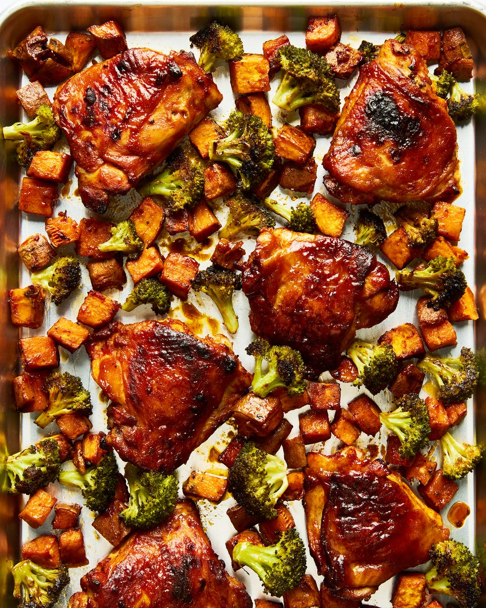 bbq sheet pan chicken with sweet potatoes and broccoli