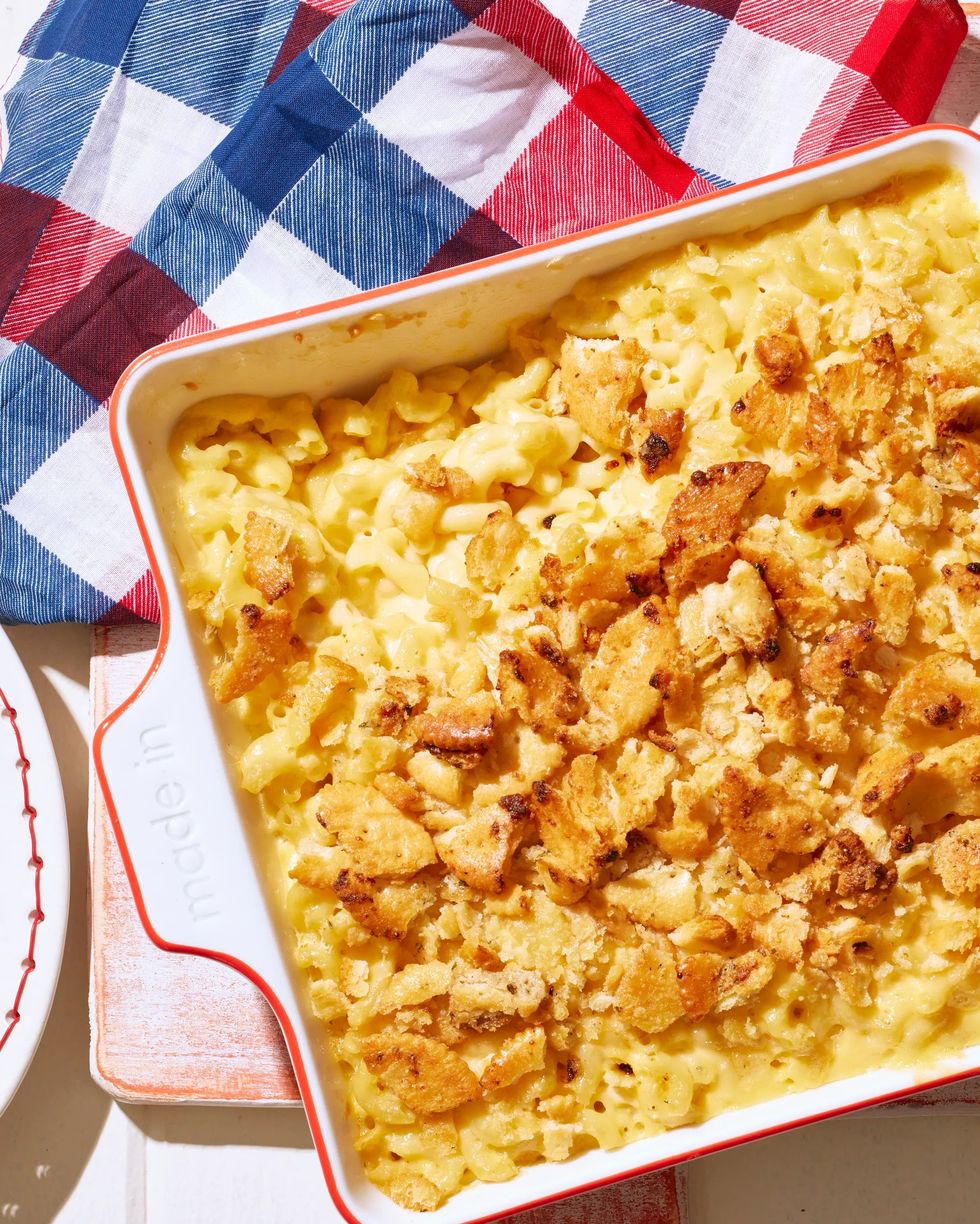 ritzy ranch mac n cheese baked in a white square casserole dish