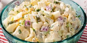 bbq sides potato salad in blue glass bowl