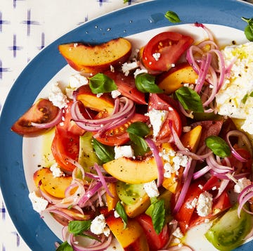 BBQ Sides a summer salad with tomato, peaches, onion, and cheese