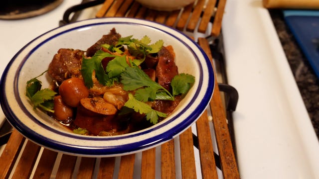 instant pot braised pork is topped with cilantro