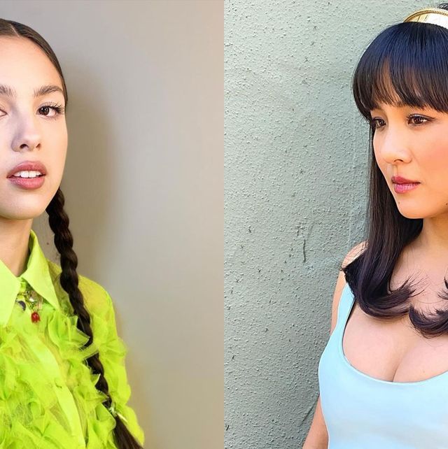 olivia rodrigo on the left with two long braided pigtails and constance wu on the right with brown straight hair and a gold headband