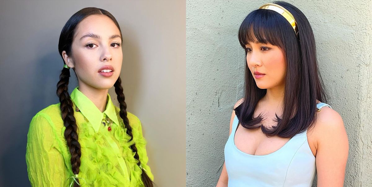 olivia rodrigo on the left with two long braided pigtails and constance wu on the right with brown straight hair and a gold headband