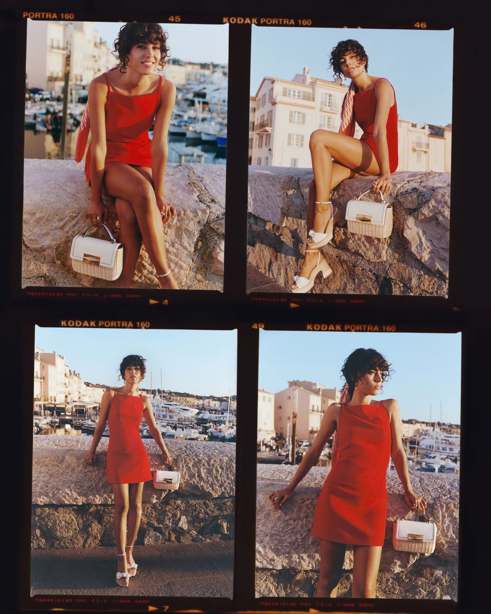 a collage of a person in a red dress
