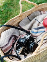 beach bag with camera, blanket and nectarine