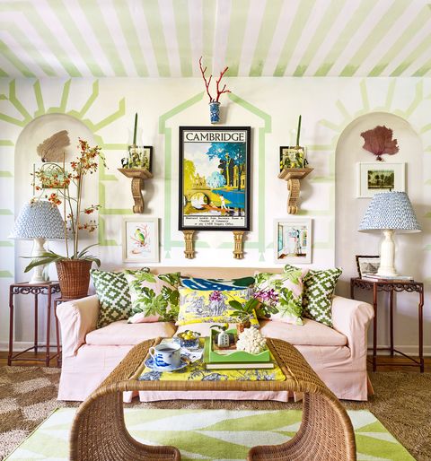 green and coral living room