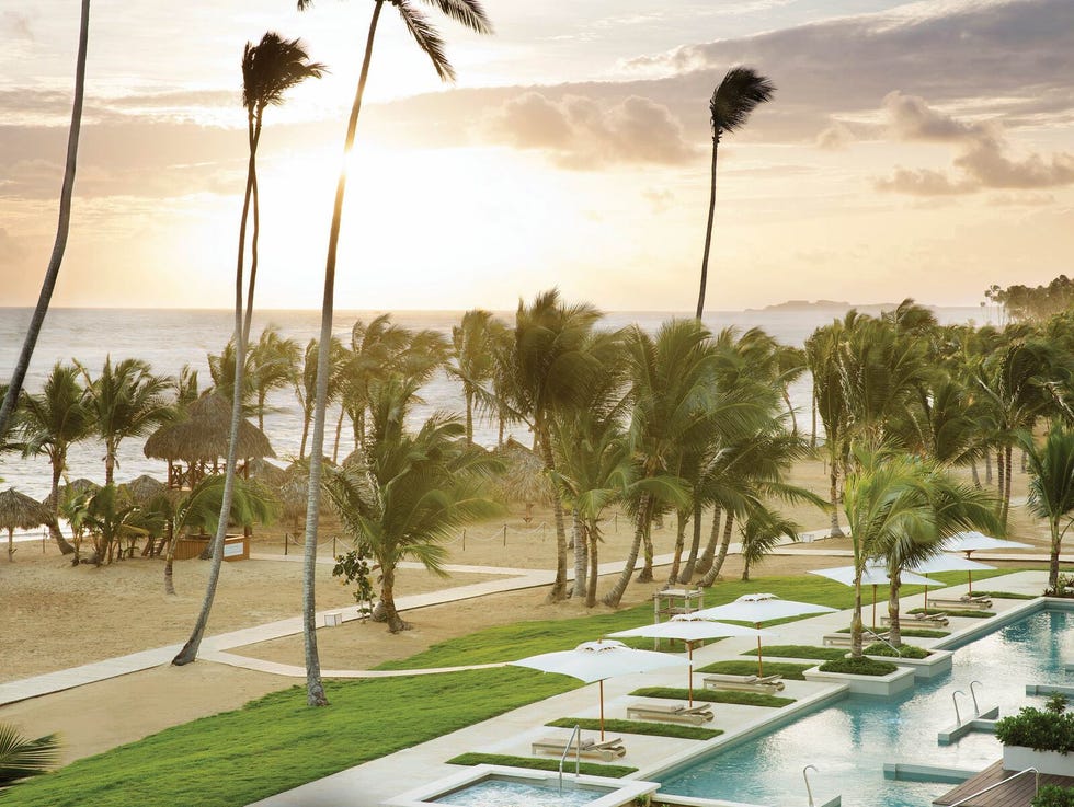 tropical resort setting at sunset with palm trees and a beach