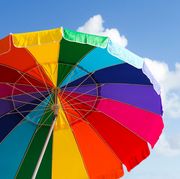 rainbow beach umbrellas against blue sky