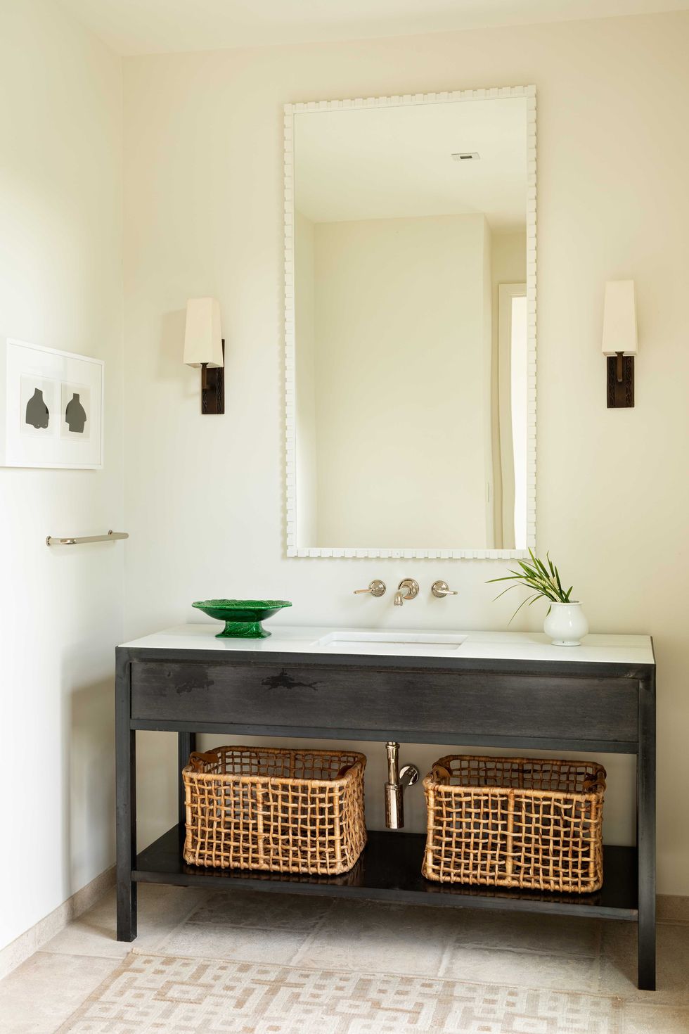 dark wooden console, white countertop, white painted walls