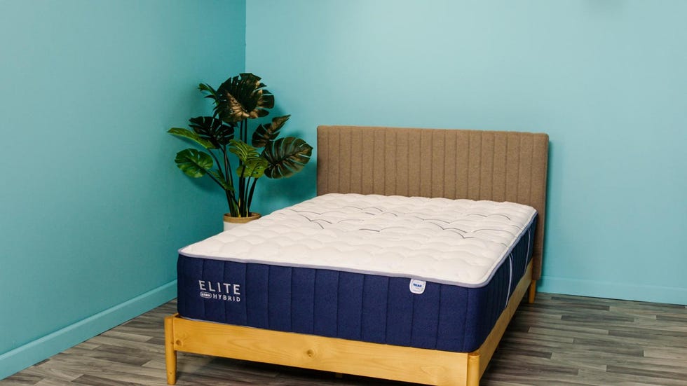a blue and white mattress from bear on an upholstered wooden bed frame