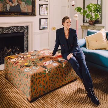 beata heuman with her treasured object a bespoke tapestry ottoman at her hammersmith hq photography by alixe lay