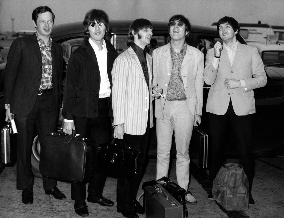 Brian Epstein, George Harrison, Ringo Starr, John Lennon, Paul McCartney arriving back at Heathrow from their Far East Tour ending in Manila