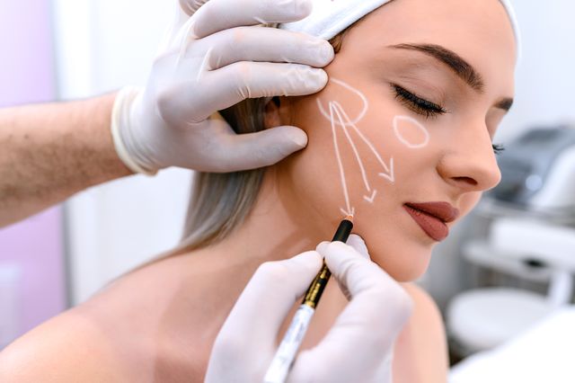 un doctor dibuja lineas en la cara de una paciente