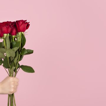 beautiful bouquet of red roses in a woman hand on light pink background