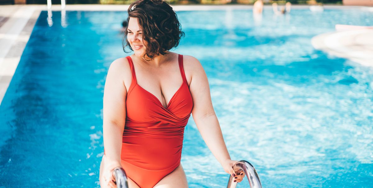 beautiful curvy woman in plus size swimwear