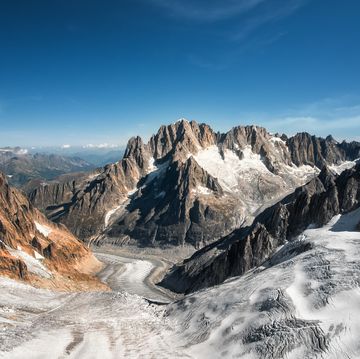 beautiful landscape aerial view of old glacier from mont blanc massif in french alps mountains in autumn