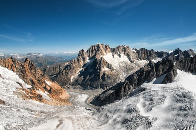 beautiful landscape aerial view of old glacier from mont blanc massif in french alps mountains in autumn