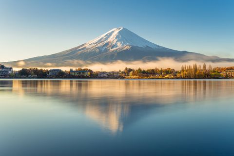 beautiful landscape view of fuji mountain in morning and mist with reflection in kawakuchigo lake, fuji is most travel destination in japan