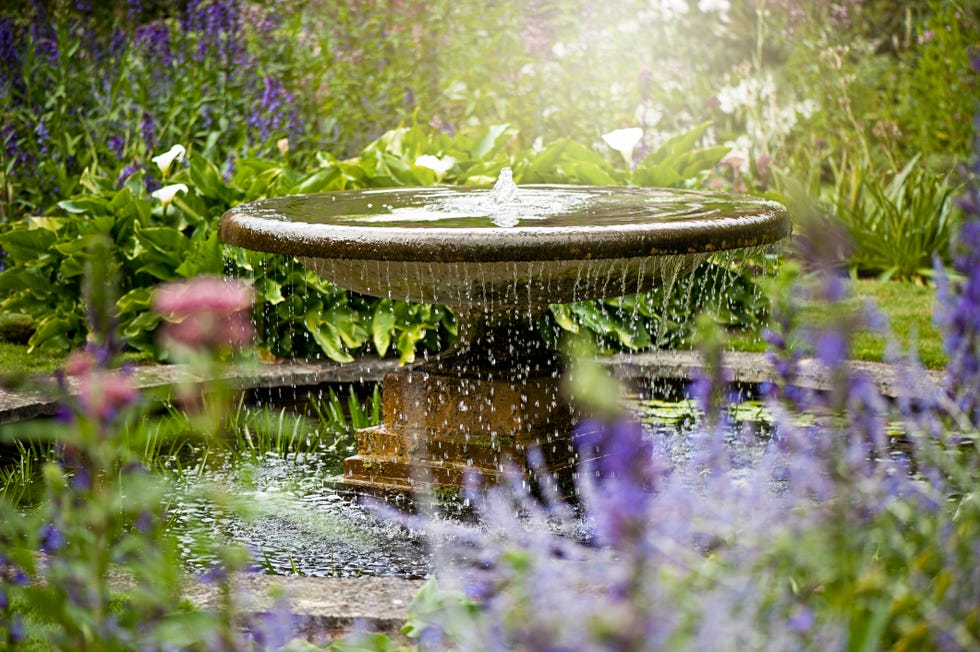 Beautiful summer garden with water fountain in amongst the flowers, in the hazy sunshine