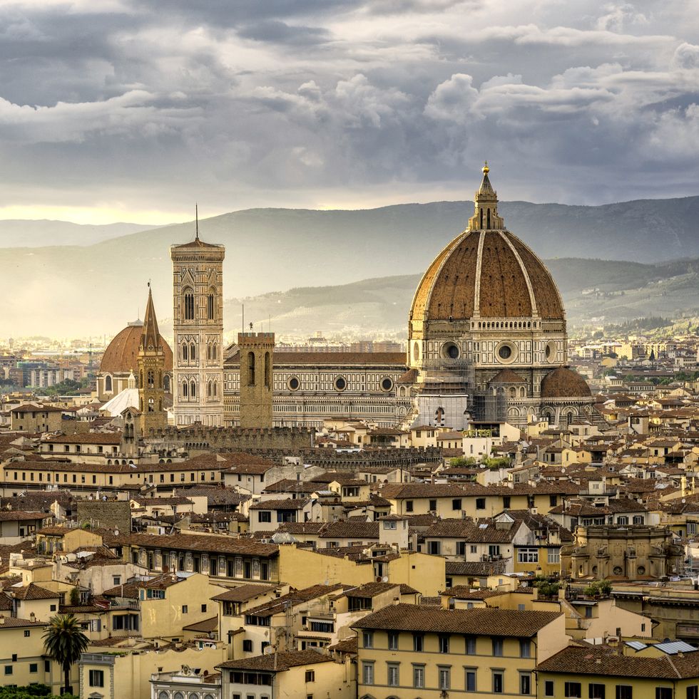 beautiful sunset cityscape view of the santa maria nouvelle duomo and the town of florence, in the italian tuscany