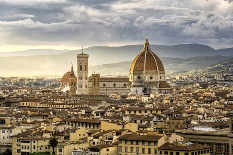 beautiful sunset cityscape view of the santa maria nouvelle duomo and the town of florence, in the italian tuscany