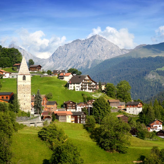 a beautiful view of the village in the swiss alps