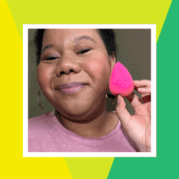 nicole holding pink beauty blender sponge by face