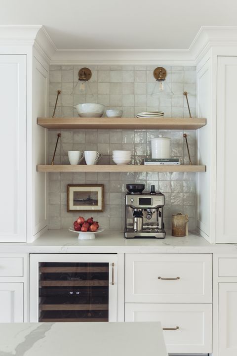 coffee bar ideas, white cabinets with glossy tile