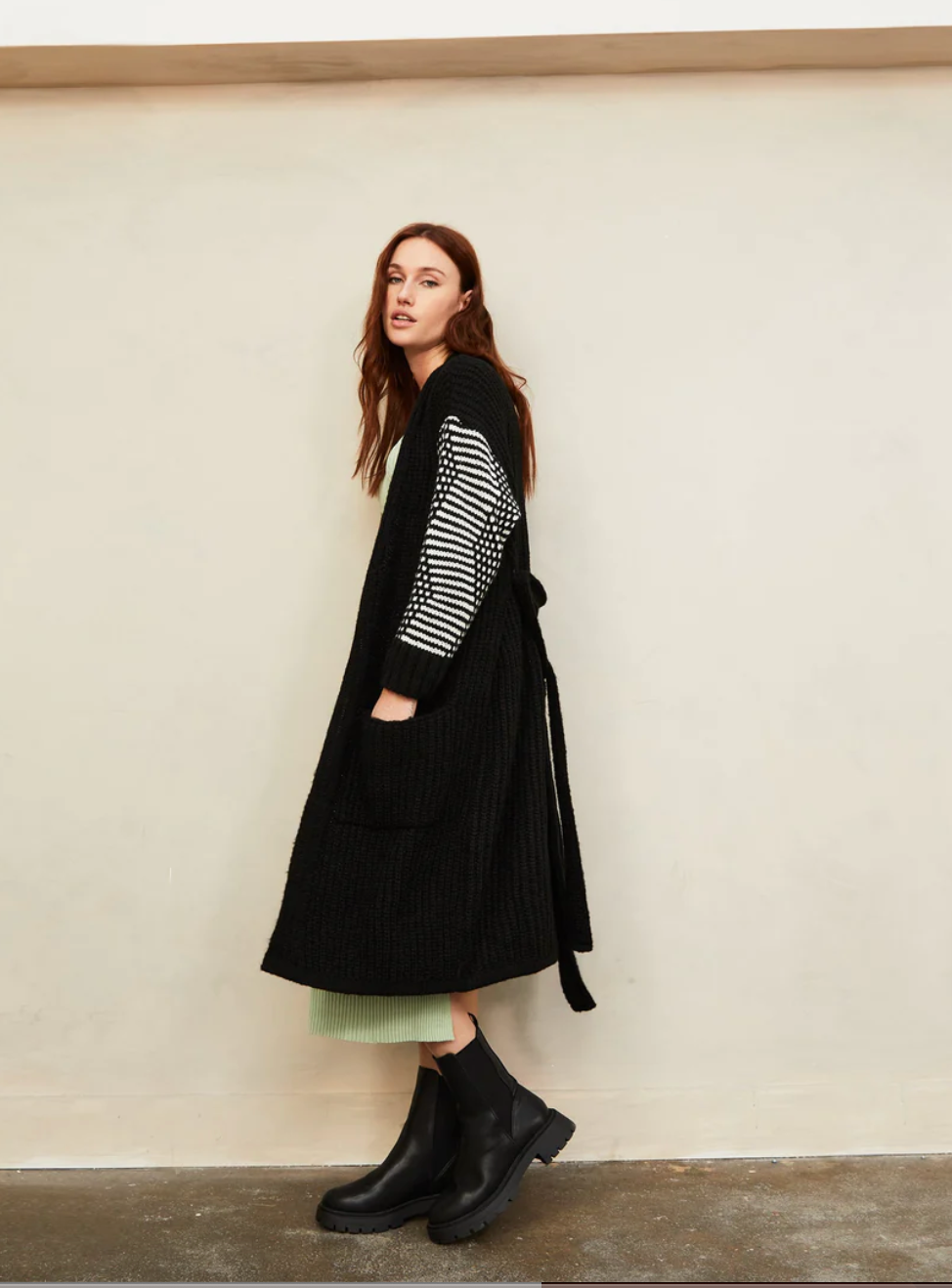 becca mono sleeve belted long cardigan