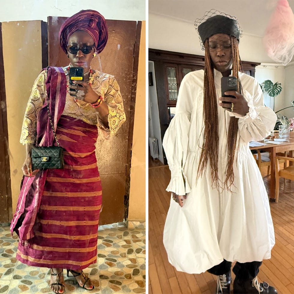 a sidebyside comparison of two outfits worn by the same person