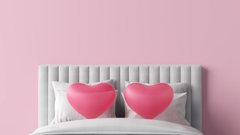 bed soft pillows headboard love hearts pink white sheets furniture sleep relax couple cuddle frame mattress quilt duvet bedding shape sweet valentine festival marriage and sex 3d illustration