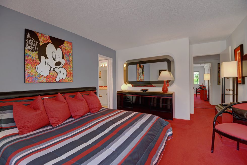 Bedroom, Room, Furniture, Bed, Property, Bed sheet, Interior design, Bed frame, Red, Bedding, 