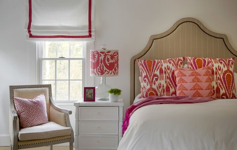Bedroom, Furniture, Room, Bed, Pink, Interior design, Bedding, Bed frame, Red, Property, 
