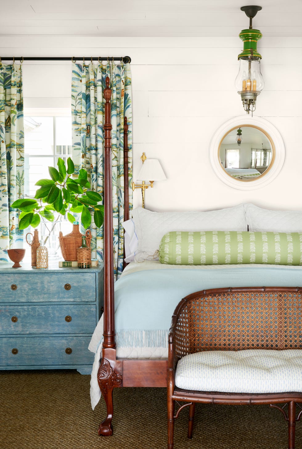 South Carolina river house owners, Gerard and Shelia Frey, home designed by Jim Strickland of Historic Concepts, interior and textile designer Heather Chadduck Hillegas bedroom 