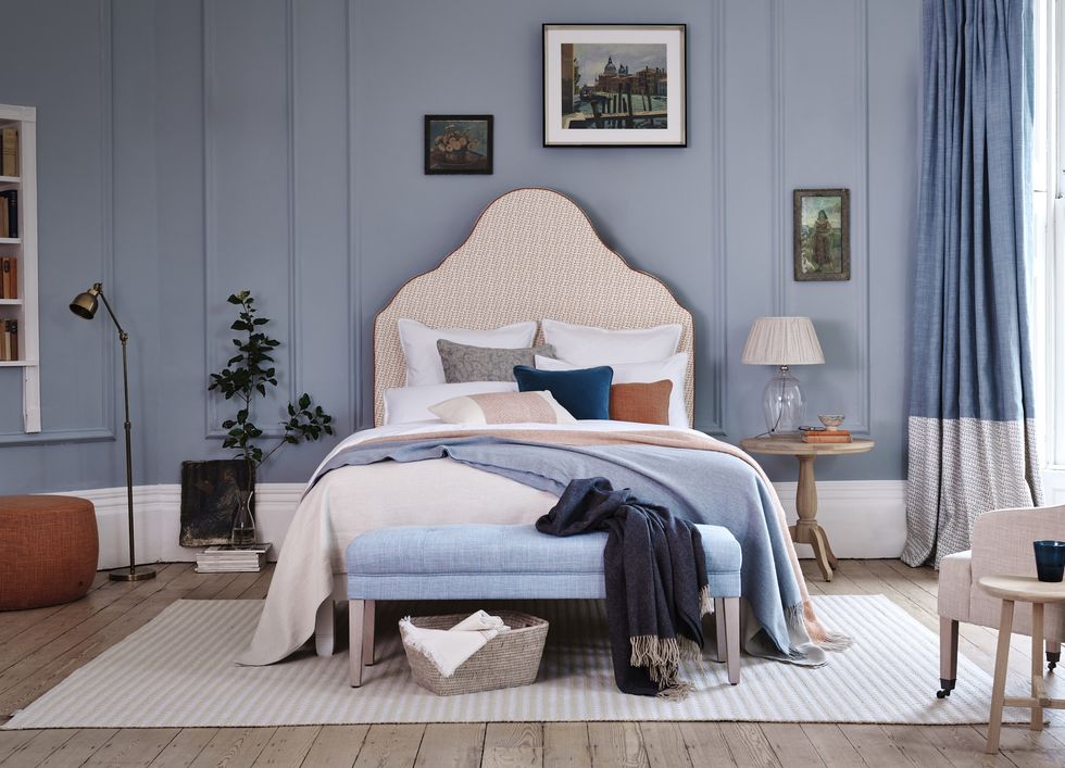 clemmie upholstered headboard, neptune, flax blue and burnt sienna bedroom scheme