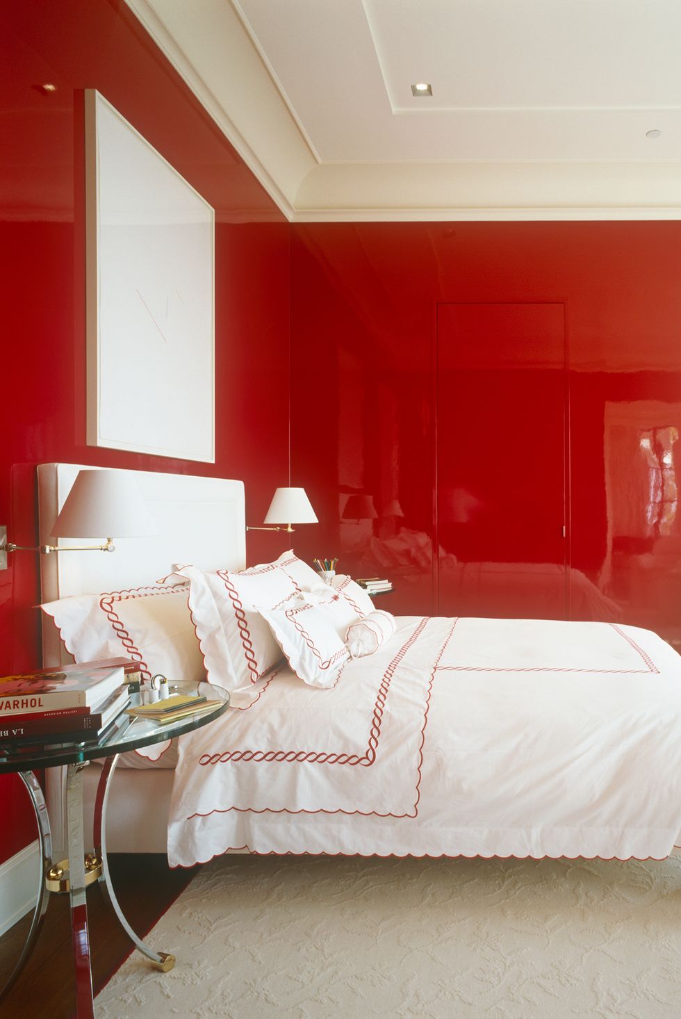 Bedroom, Room, Bed, Furniture, Ceiling, Bed sheet, Interior design, Red, Bed frame, Wall, 